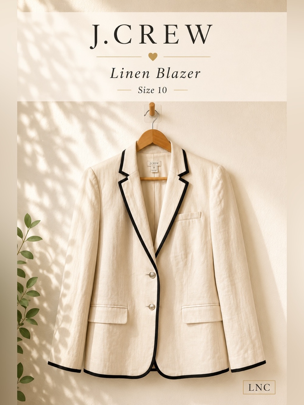 J.Crew Linen Blazer Cream with Black Trim Size 10